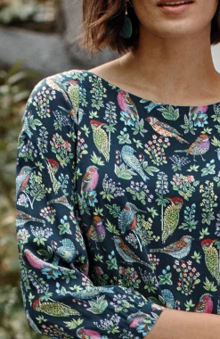 Bird-Printed Boat-Neck Top