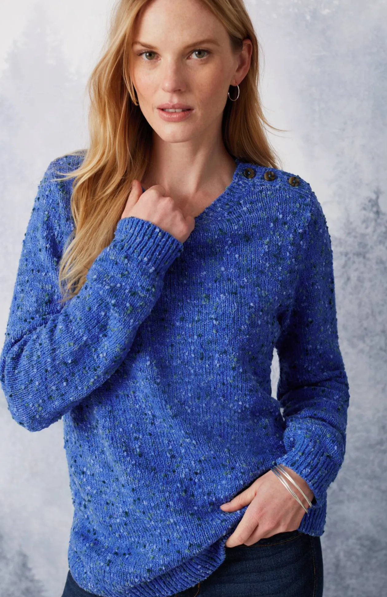 Buttoned-Shoulder Pullover Sweater