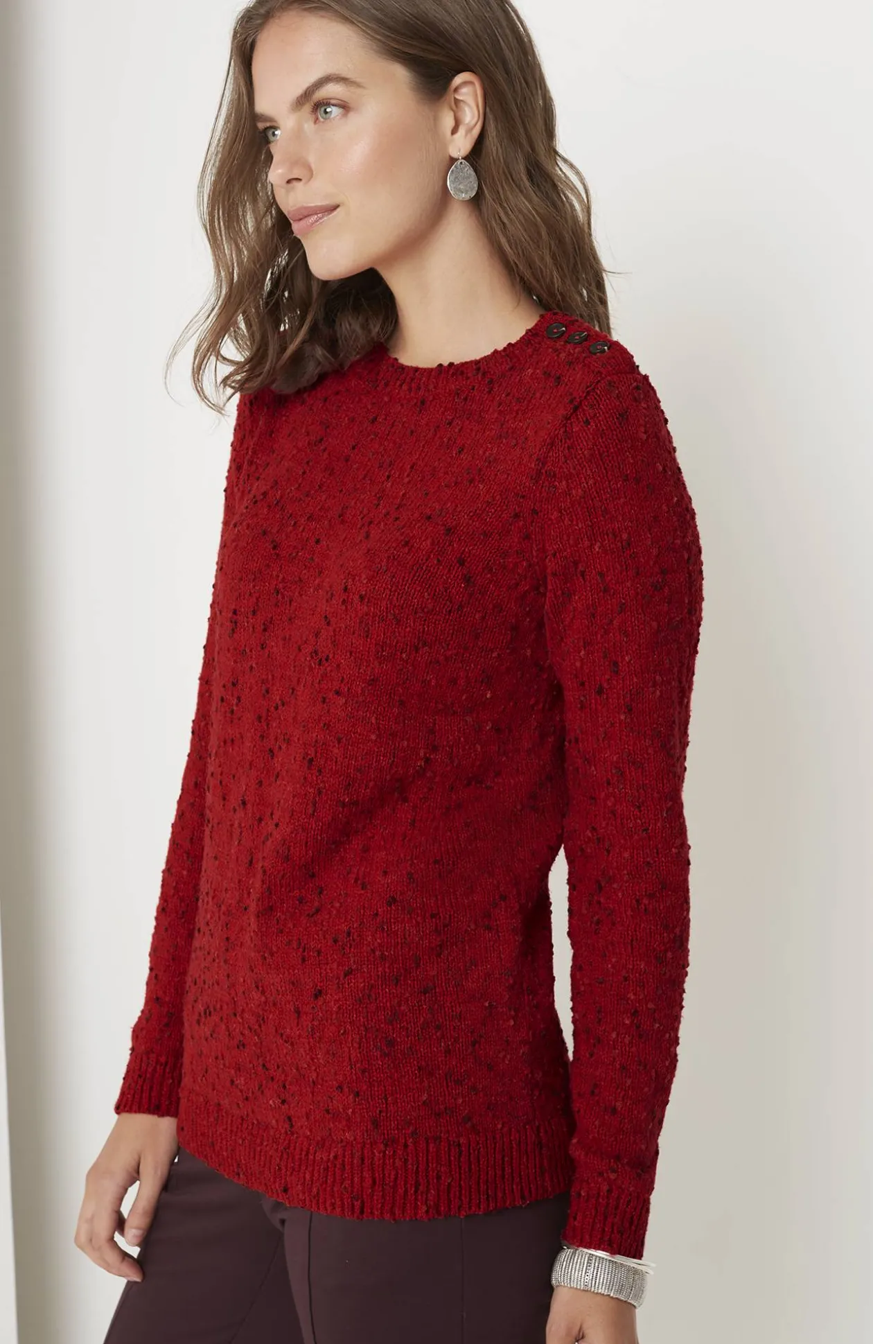 Buttoned-Shoulder Pullover Sweater