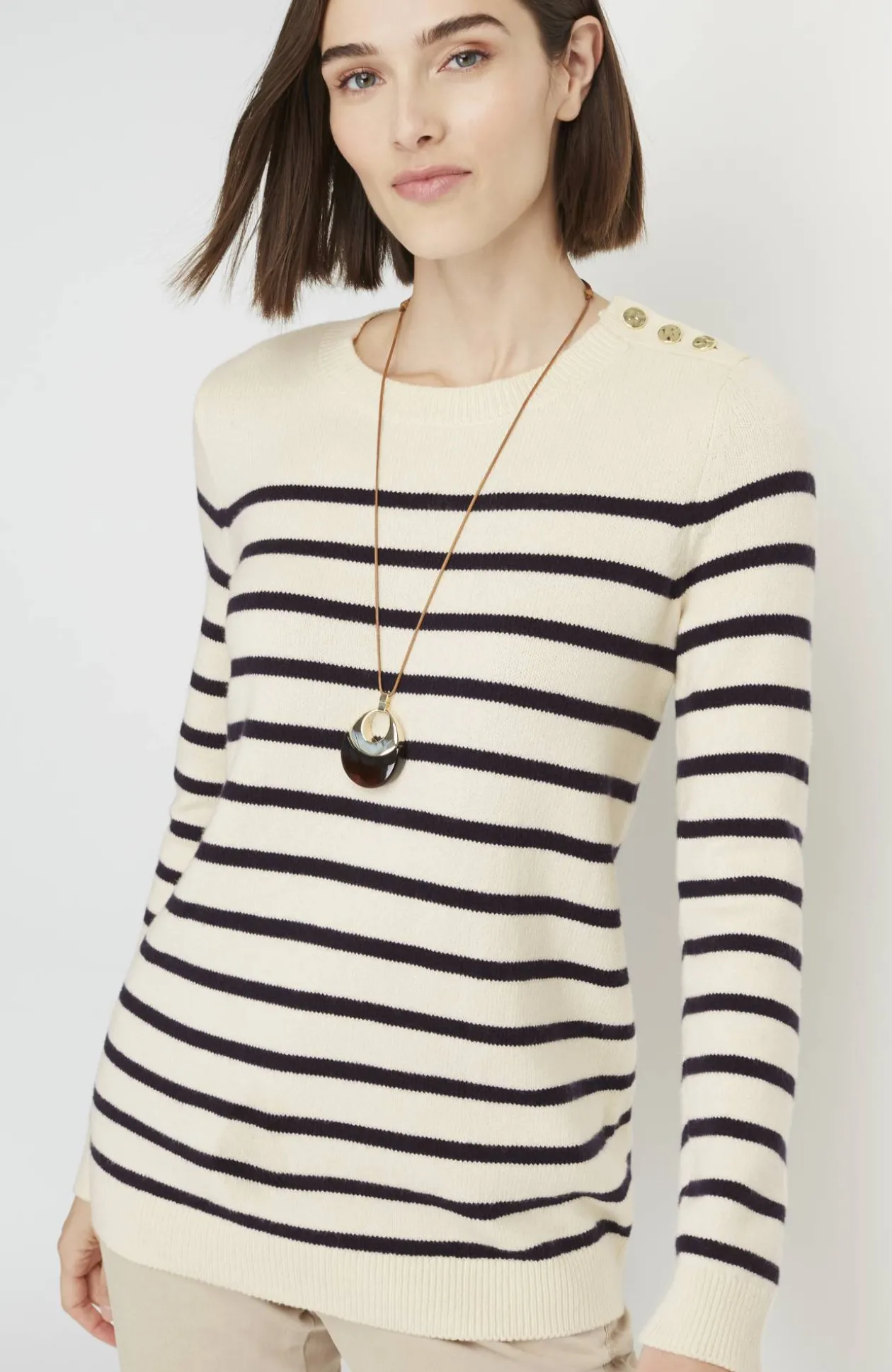 Buttoned-Shoulder Pullover Sweater