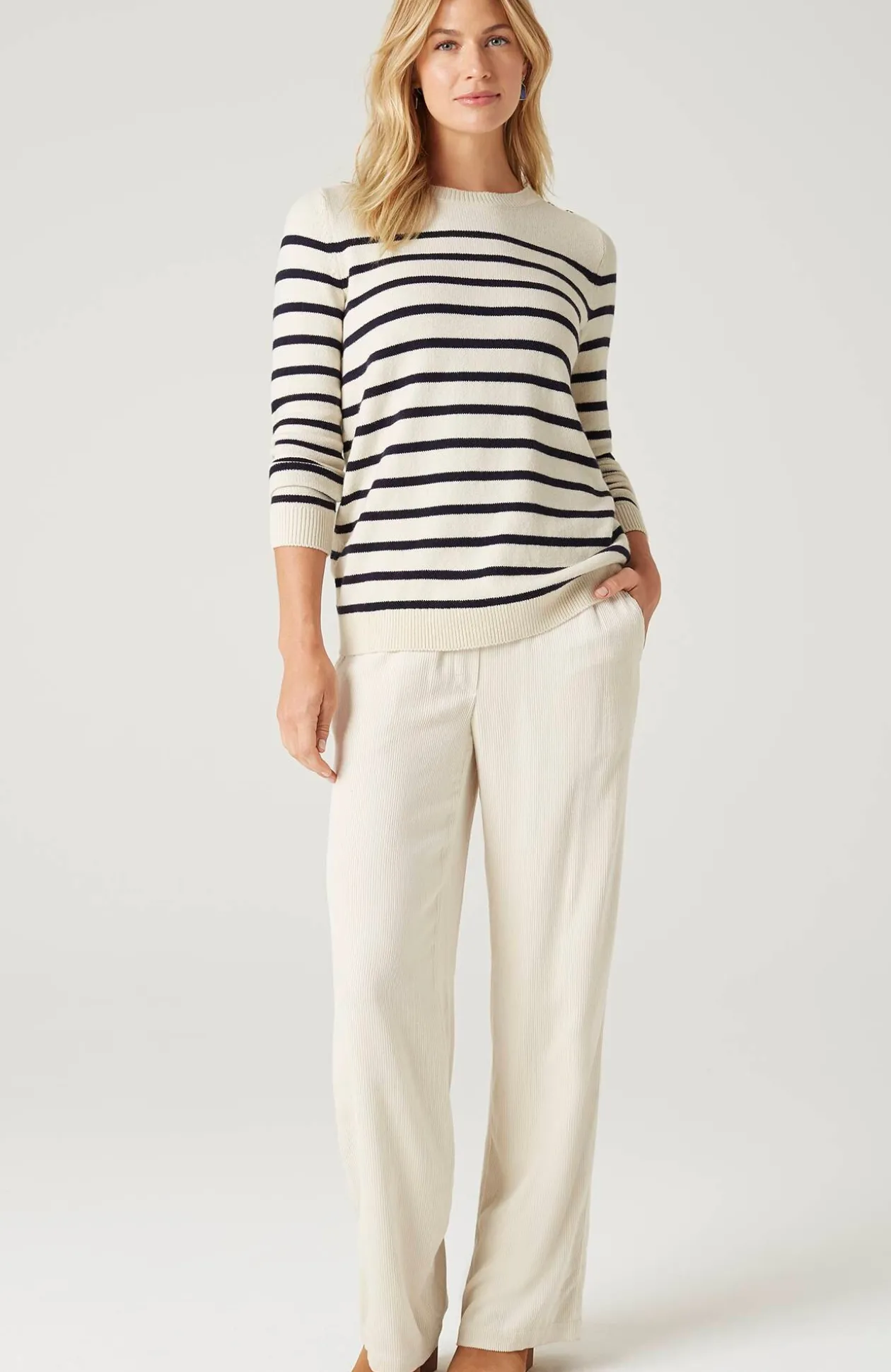 Buttoned-Shoulder Pullover Sweater