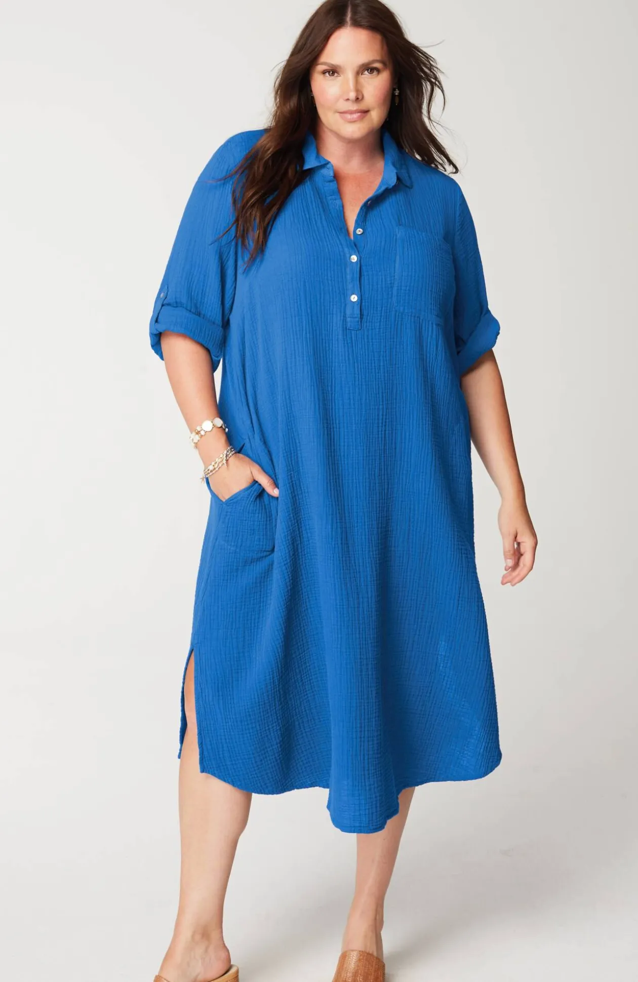 Cotton-Gauze One-Pocket Shirtdress