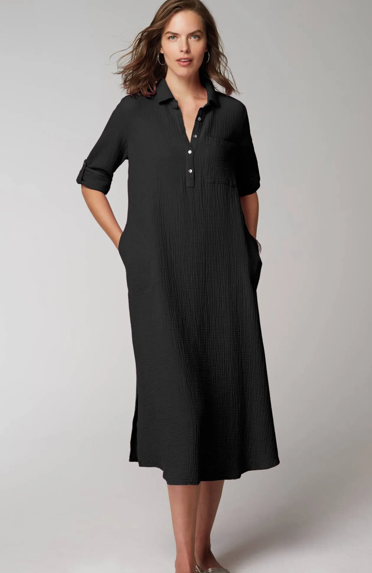 Cotton-Gauze One-Pocket Shirtdress