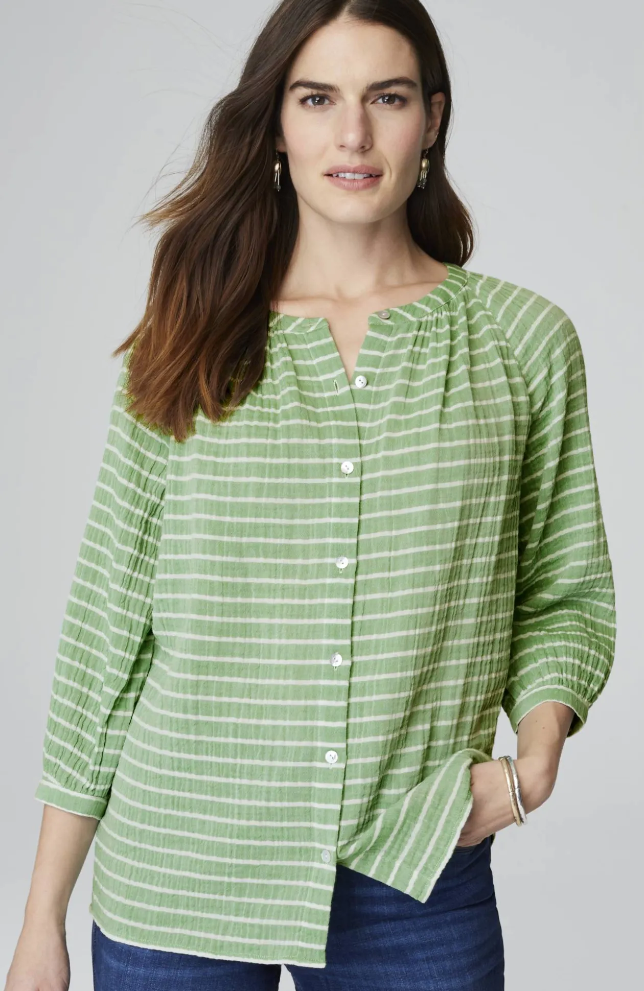 Cotton-Gauze Striped Button-Front Top