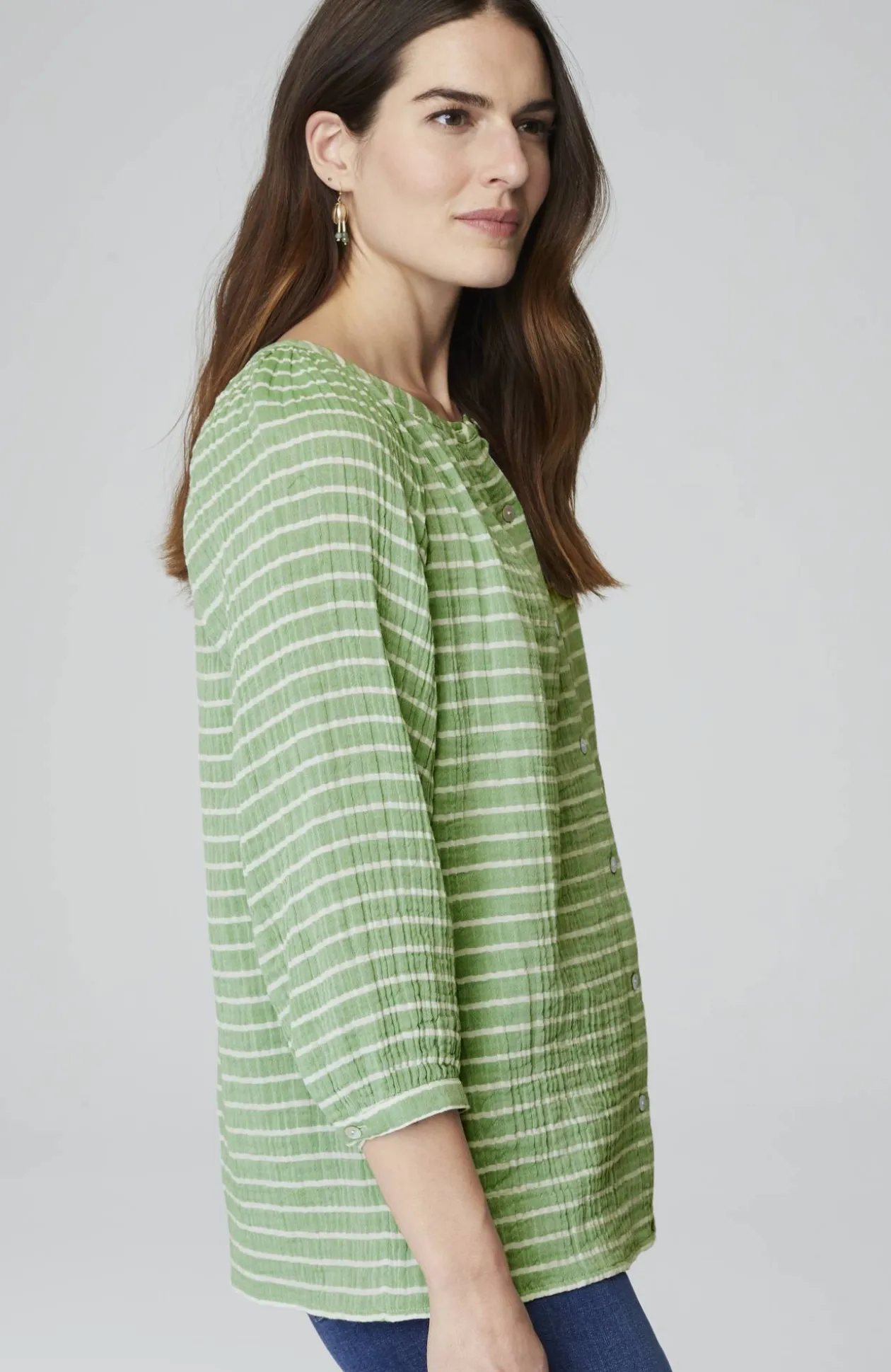Cotton-Gauze Striped Button-Front Top