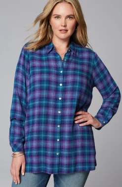 Crinkled Plaid Button-Front Tunic