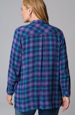 Crinkled Plaid Button-Front Tunic