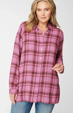 Crinkled Plaid Button-Front Tunic