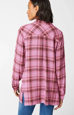 Crinkled Plaid Button-Front Tunic