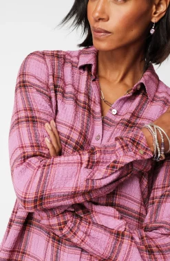 Crinkled Plaid Button-Front Tunic