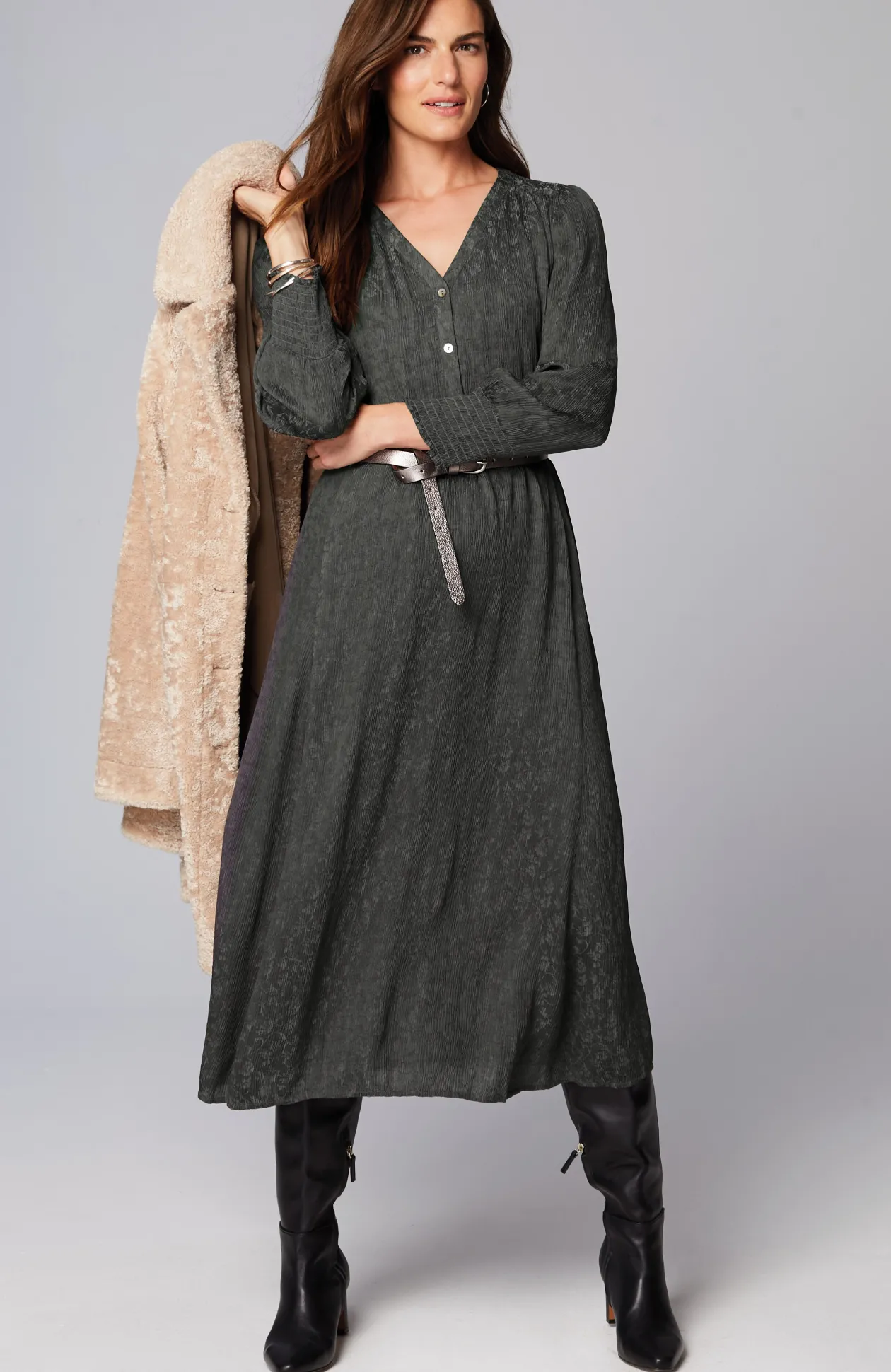 Crinkle-Textured Smocked-Sleeve Dress