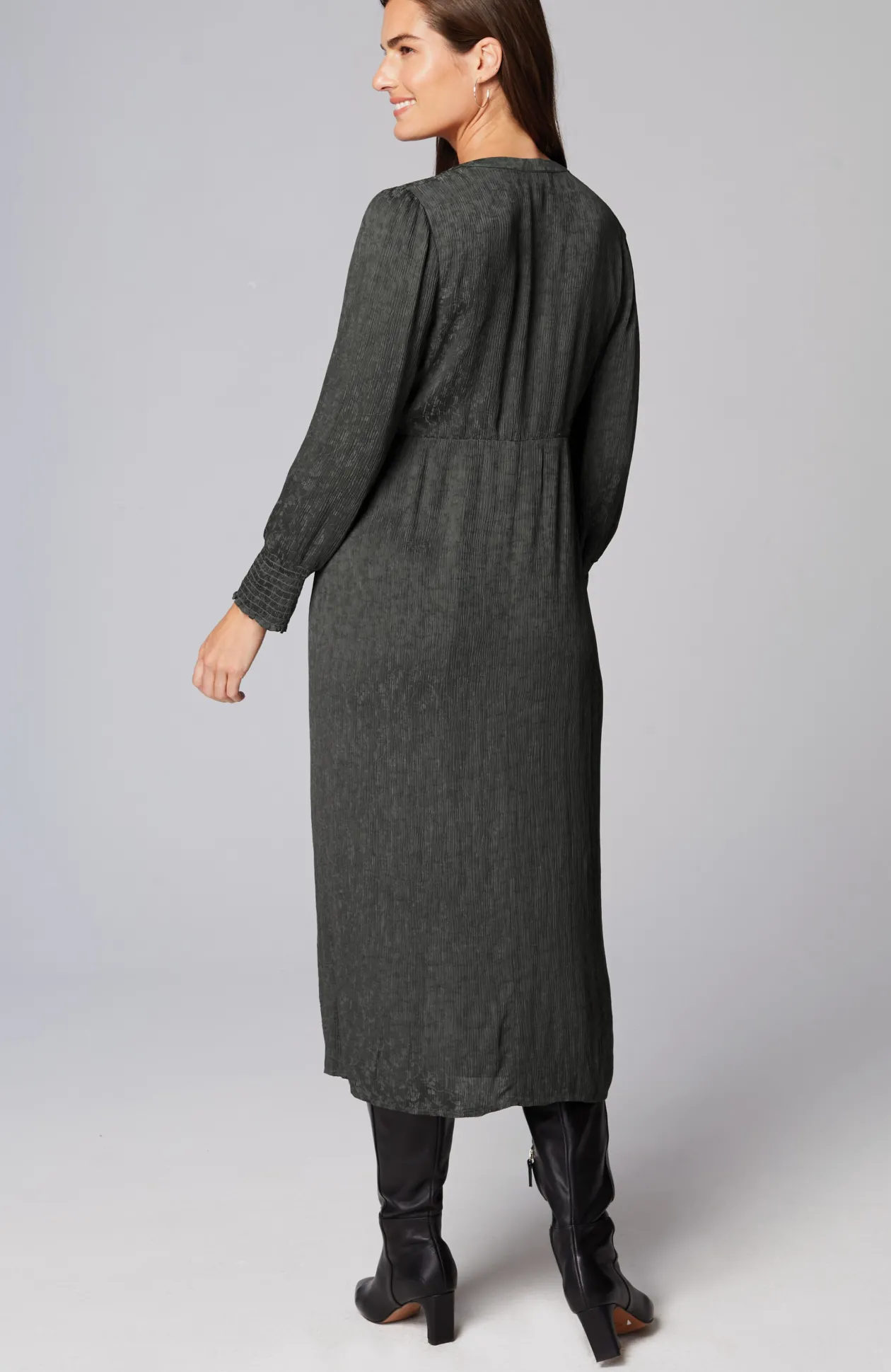 Crinkle-Textured Smocked-Sleeve Dress