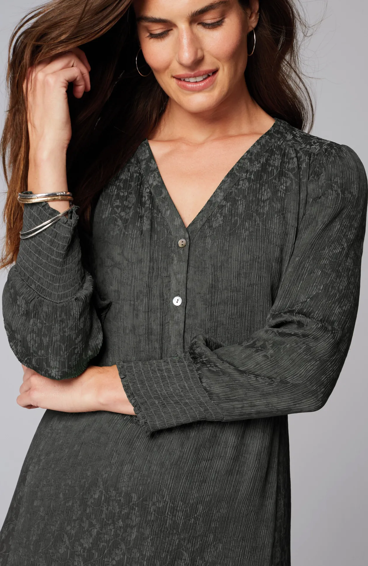 Crinkle-Textured Smocked-Sleeve Dress