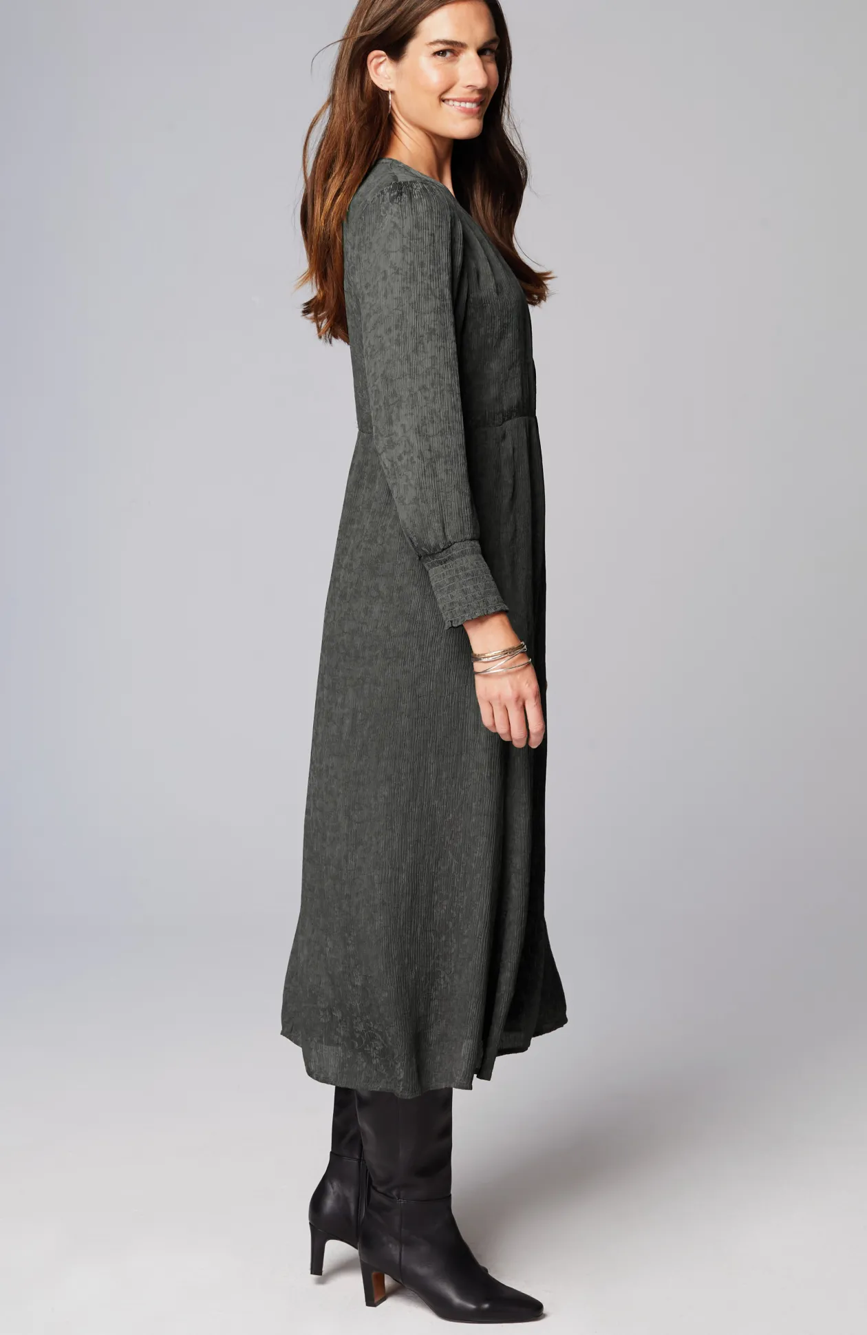 Crinkle-Textured Smocked-Sleeve Dress