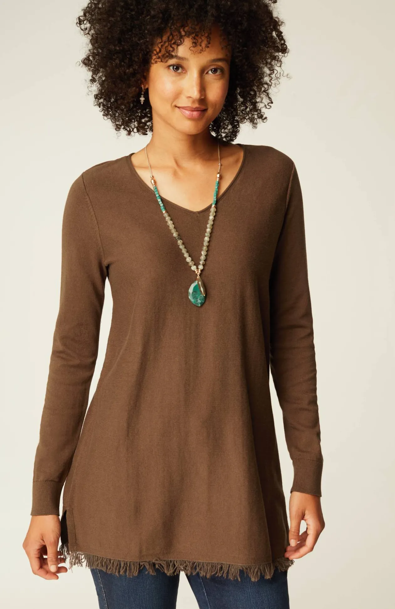 Easy Fringed-Hem V-Neck Tunic