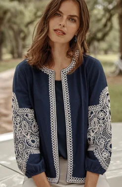 Embroidered Open-Front A-Line Jacket