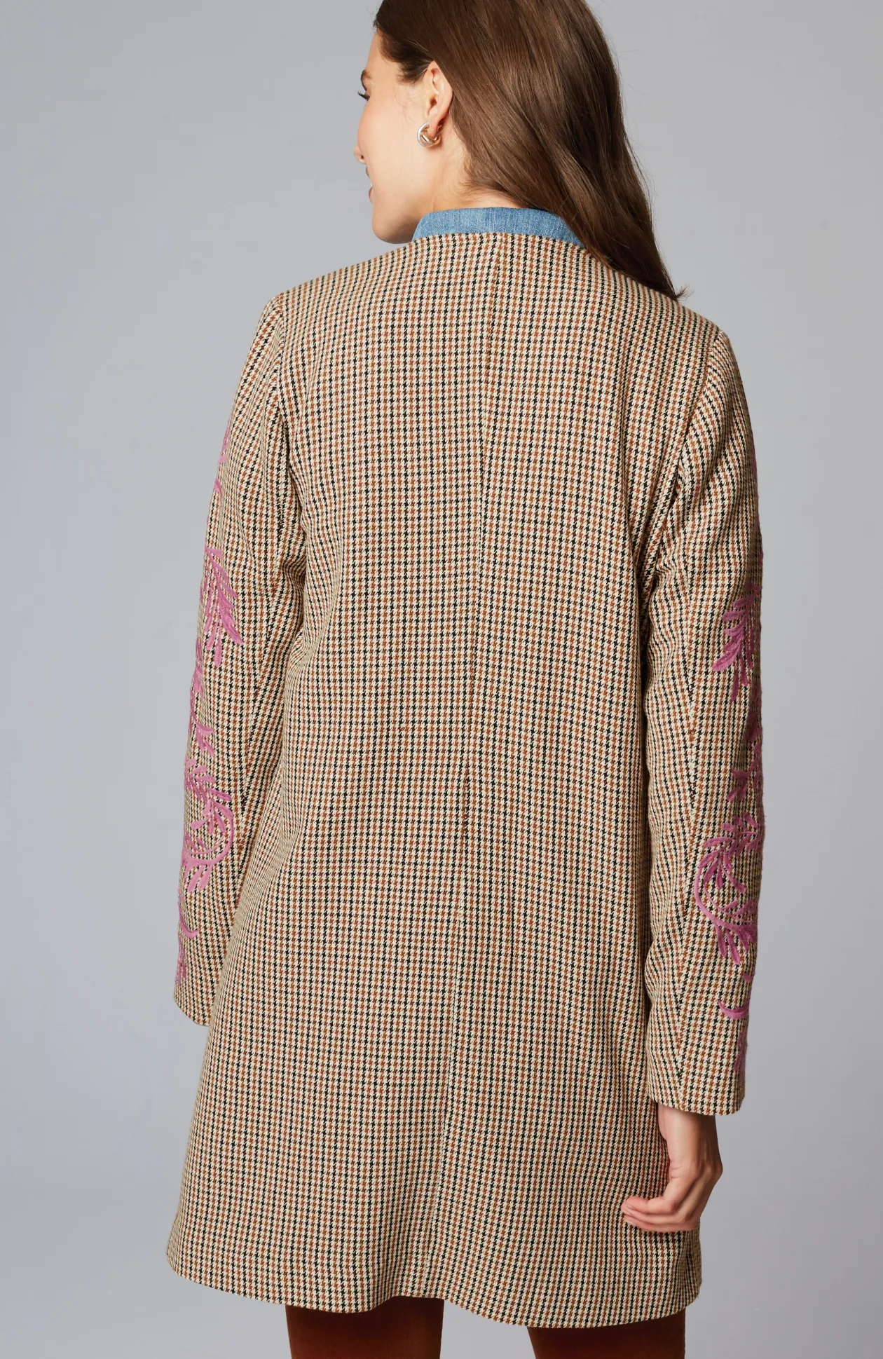 Embroidered Plaid Snap-Front Jacket