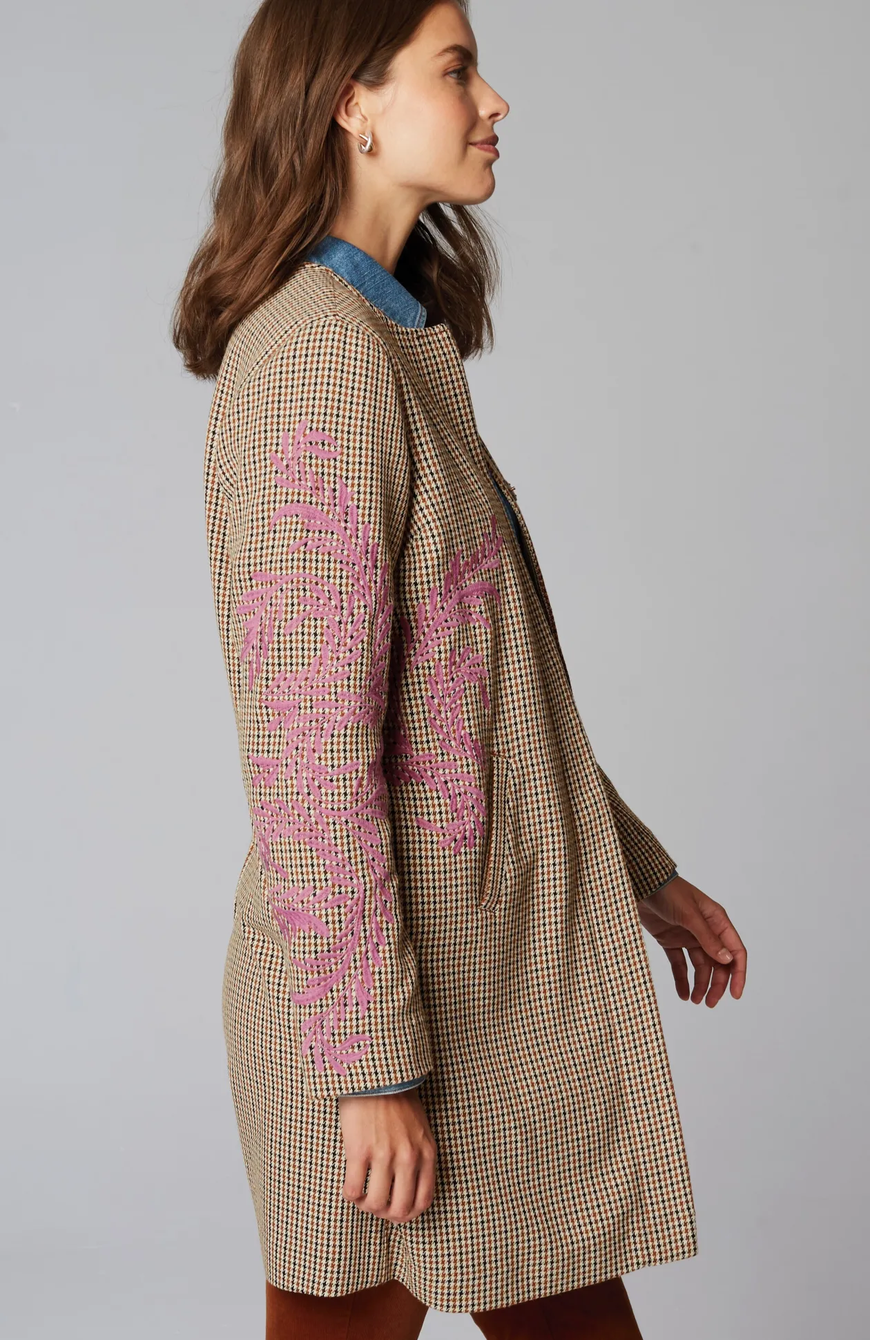 Embroidered Plaid Snap-Front Jacket