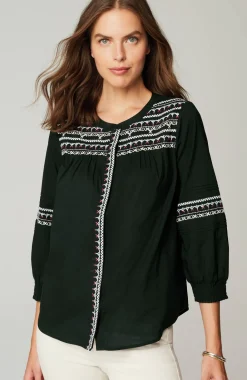Embroidered Smocked-Sleeve Top