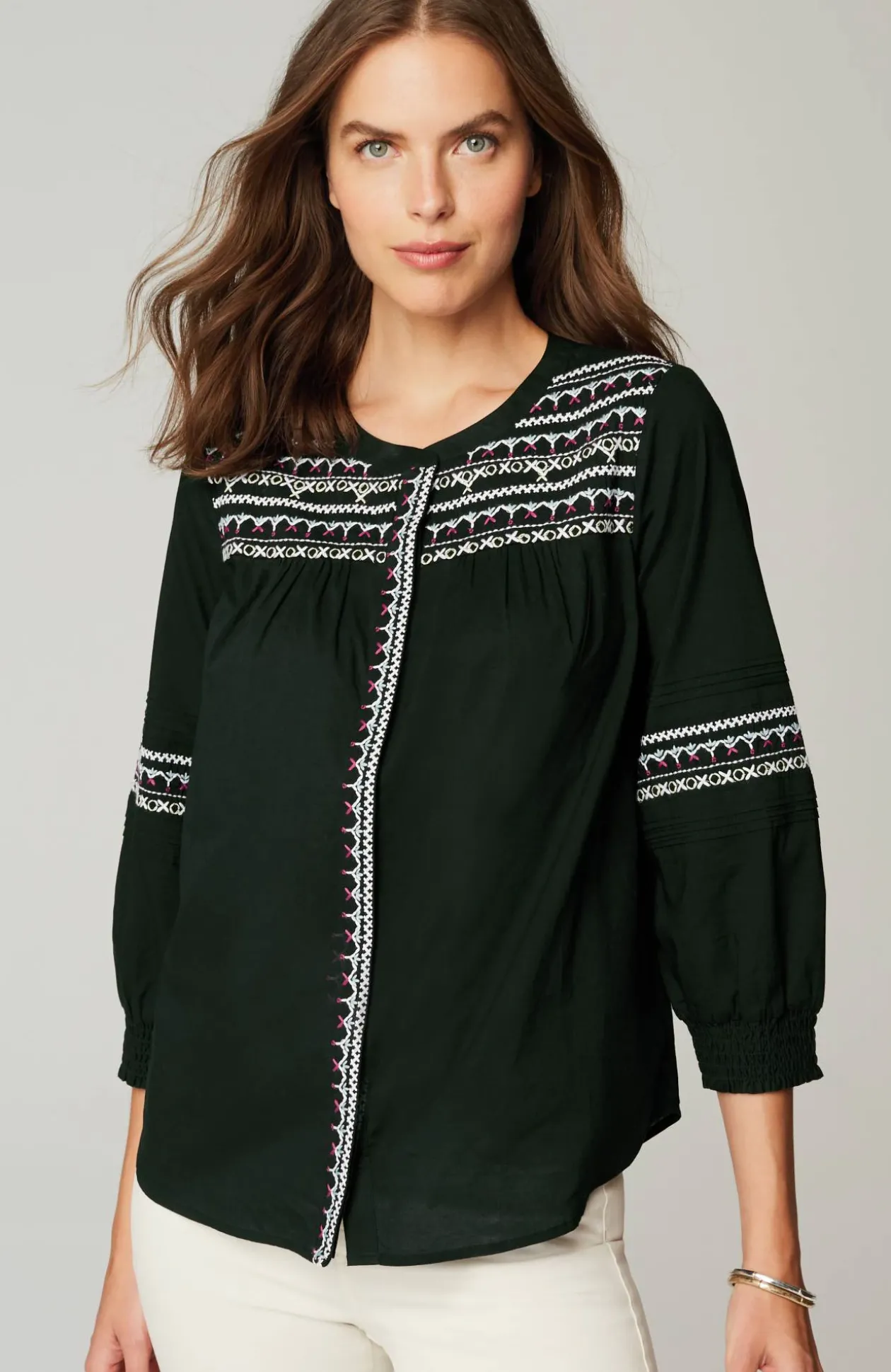 Embroidered Smocked-Sleeve Top