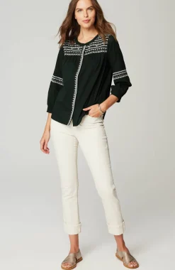 Embroidered Smocked-Sleeve Top