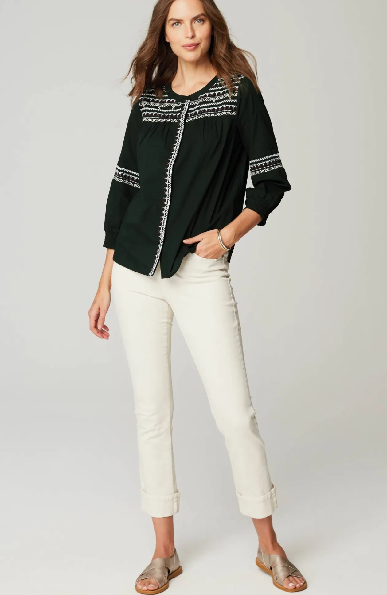 Embroidered Smocked-Sleeve Top