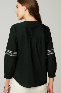 Embroidered Smocked-Sleeve Top