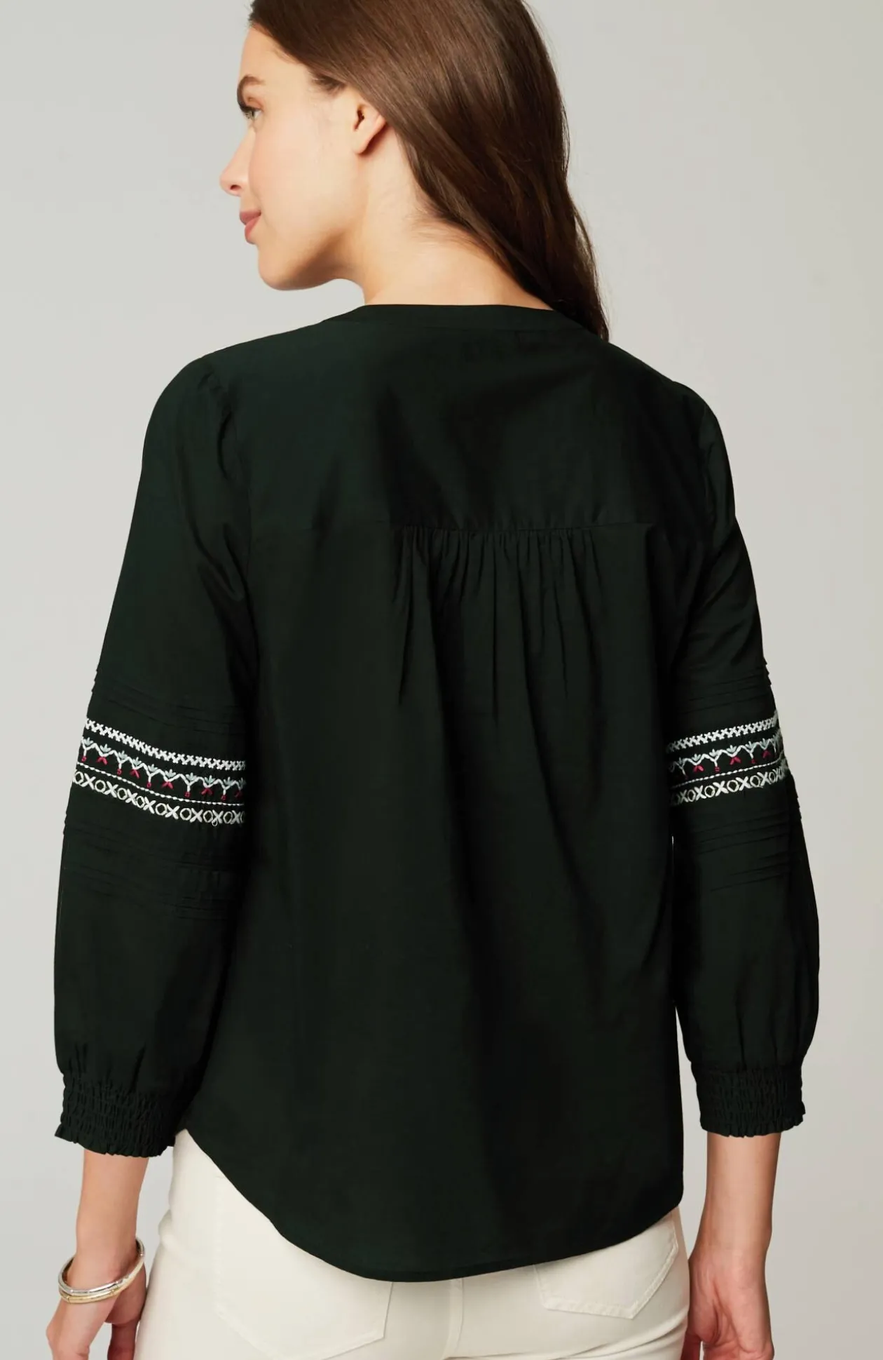 Embroidered Smocked-Sleeve Top