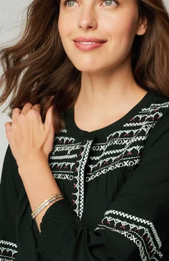 Embroidered Smocked-Sleeve Top