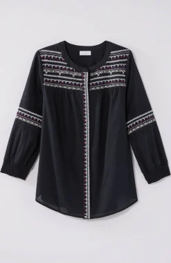 Embroidered Smocked-Sleeve Top