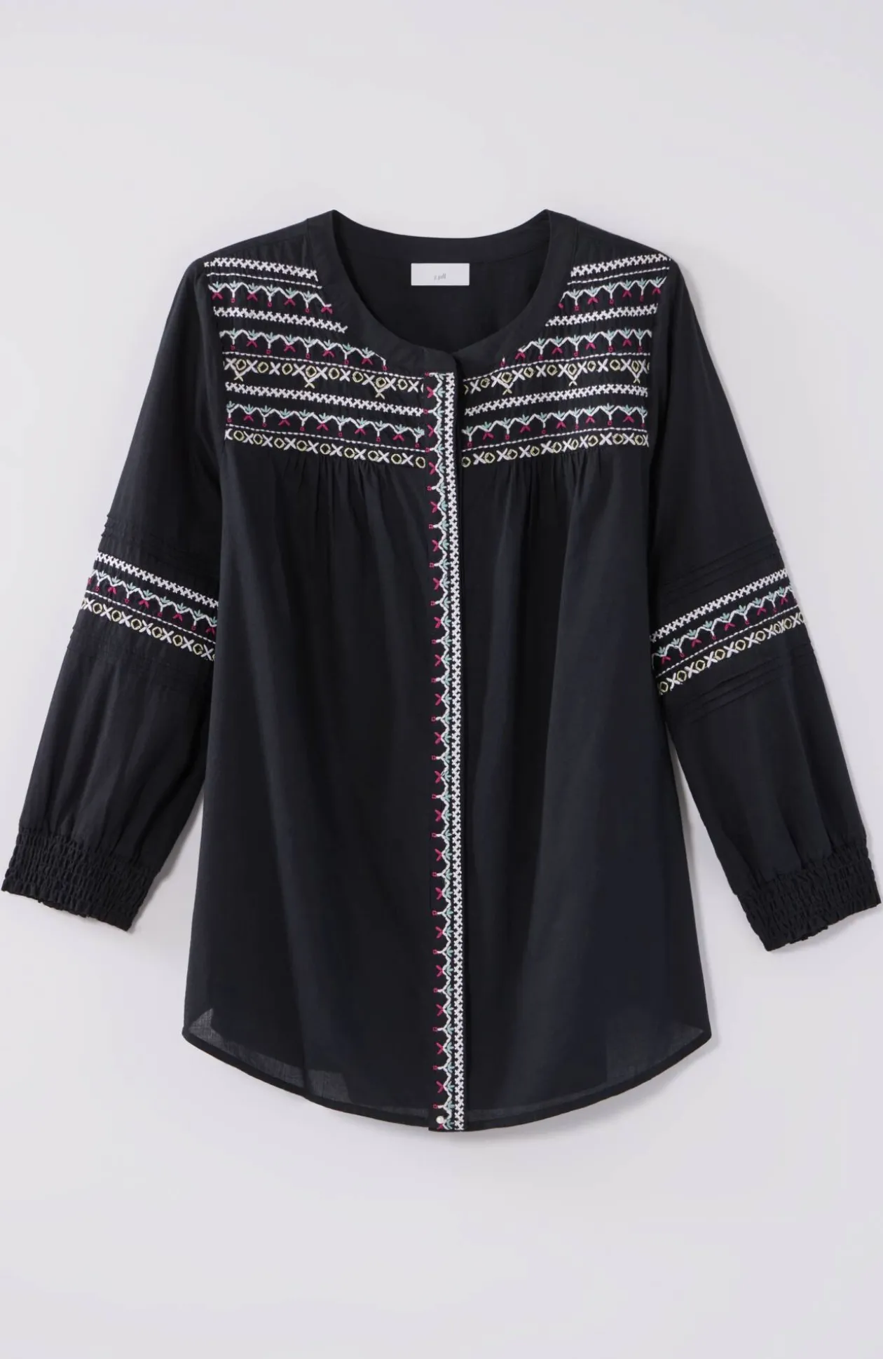 Embroidered Smocked-Sleeve Top