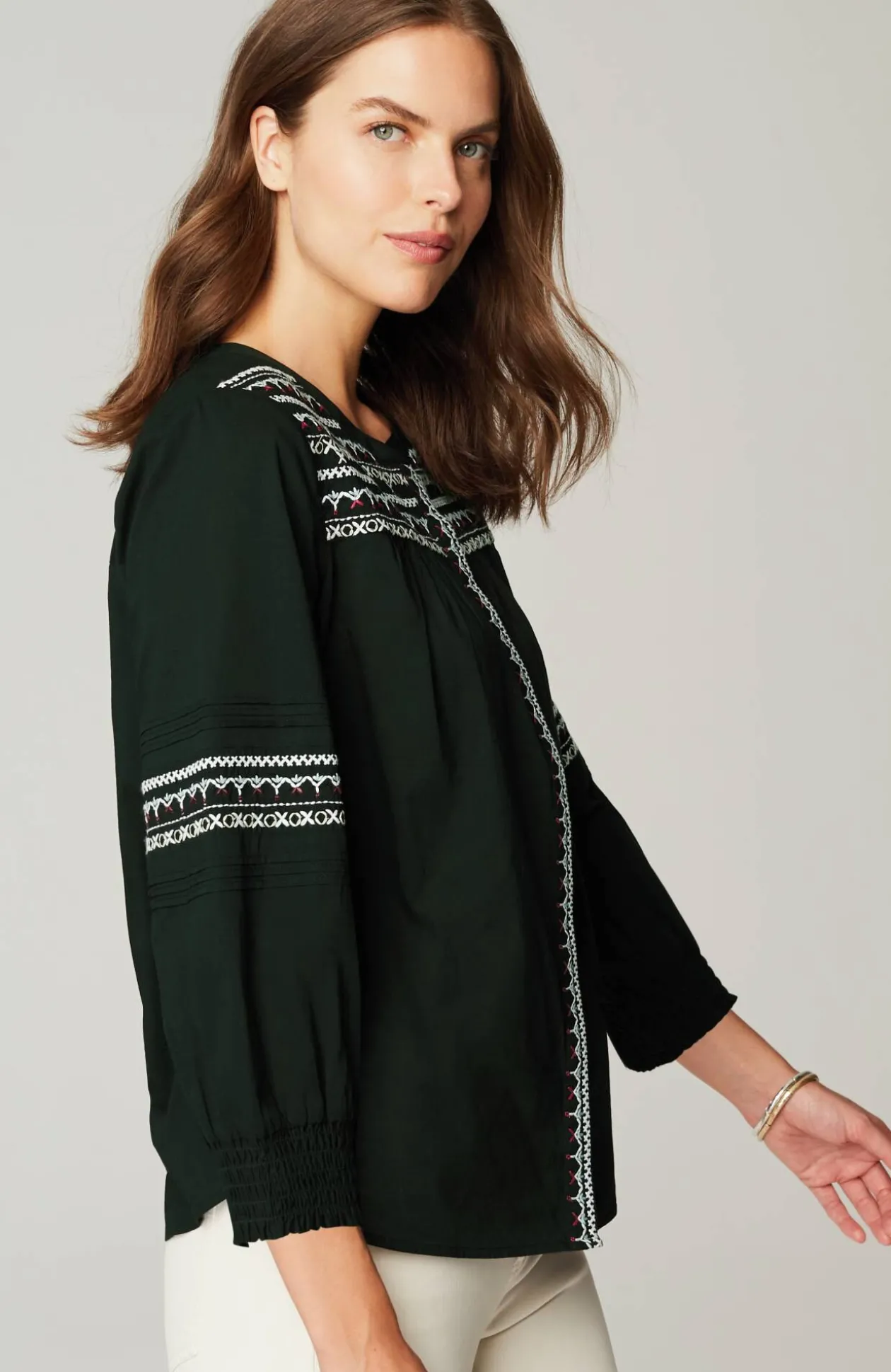 Embroidered Smocked-Sleeve Top