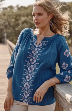 Embroidered Textured-Cotton Top