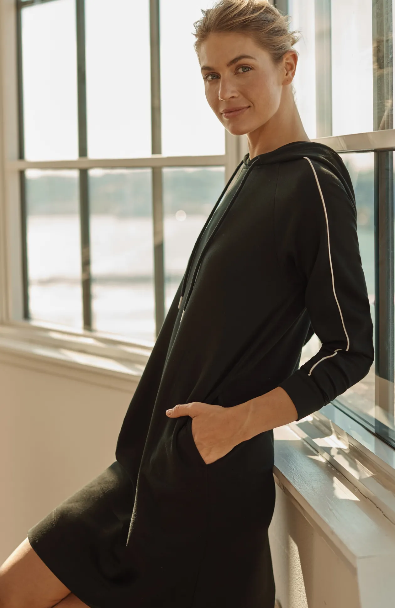 Fit Sleek Double-Knit Hooded Piped Dress