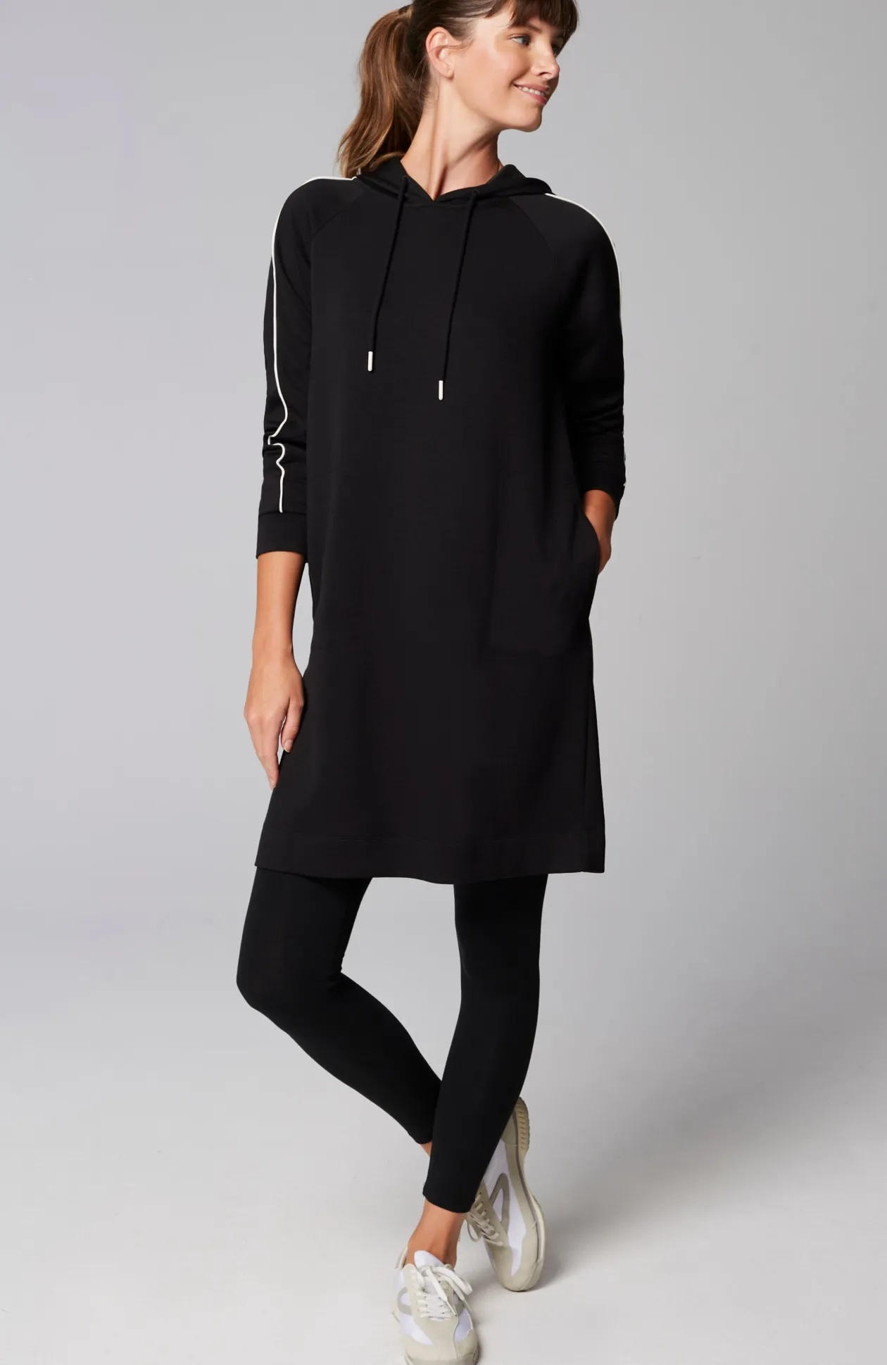 Fit Sleek Double-Knit Hooded Piped Dress