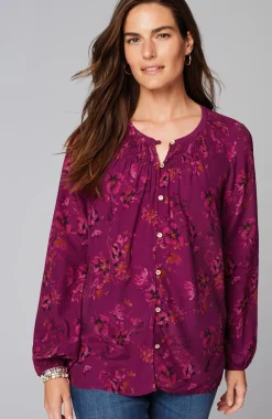Floral Pleated-Neck Top