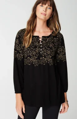Floral-Embroidered Raglan-Sleeve Top