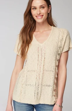 Fringed Open-Texture Short-Sleeve Sweater
