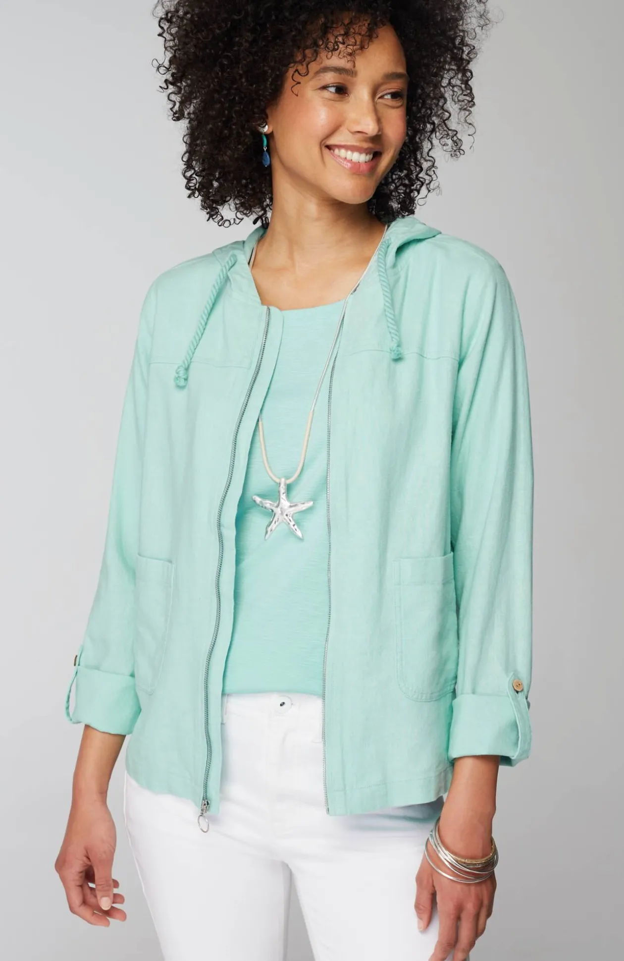 Hooded Tab-Sleeve Jacket