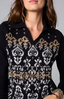 Jacquard-Patterned Collared Sweater