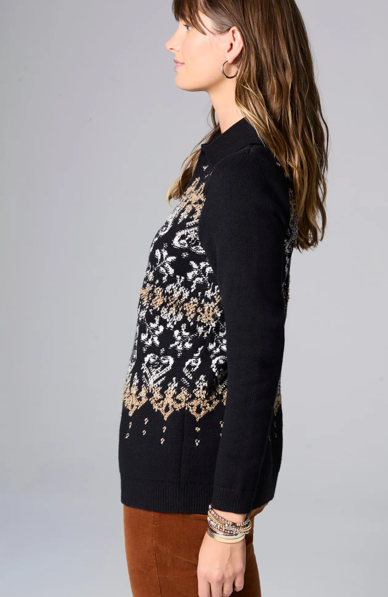 Jacquard-Patterned Collared Sweater