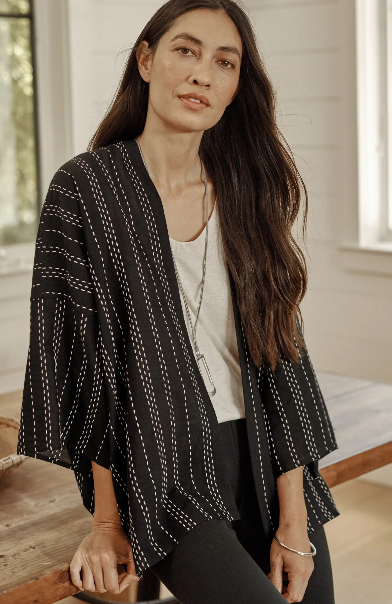 Kantha-Stitched Open-Front Jacket