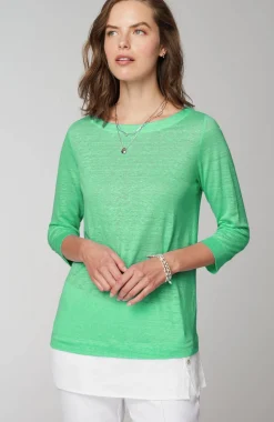 Layered-Hem Mixed-Media Linen Tunic