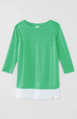 Layered-Hem Mixed-Media Linen Tunic