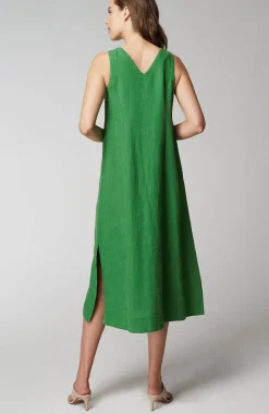 Linen Seamed V-Neck Midi Dress