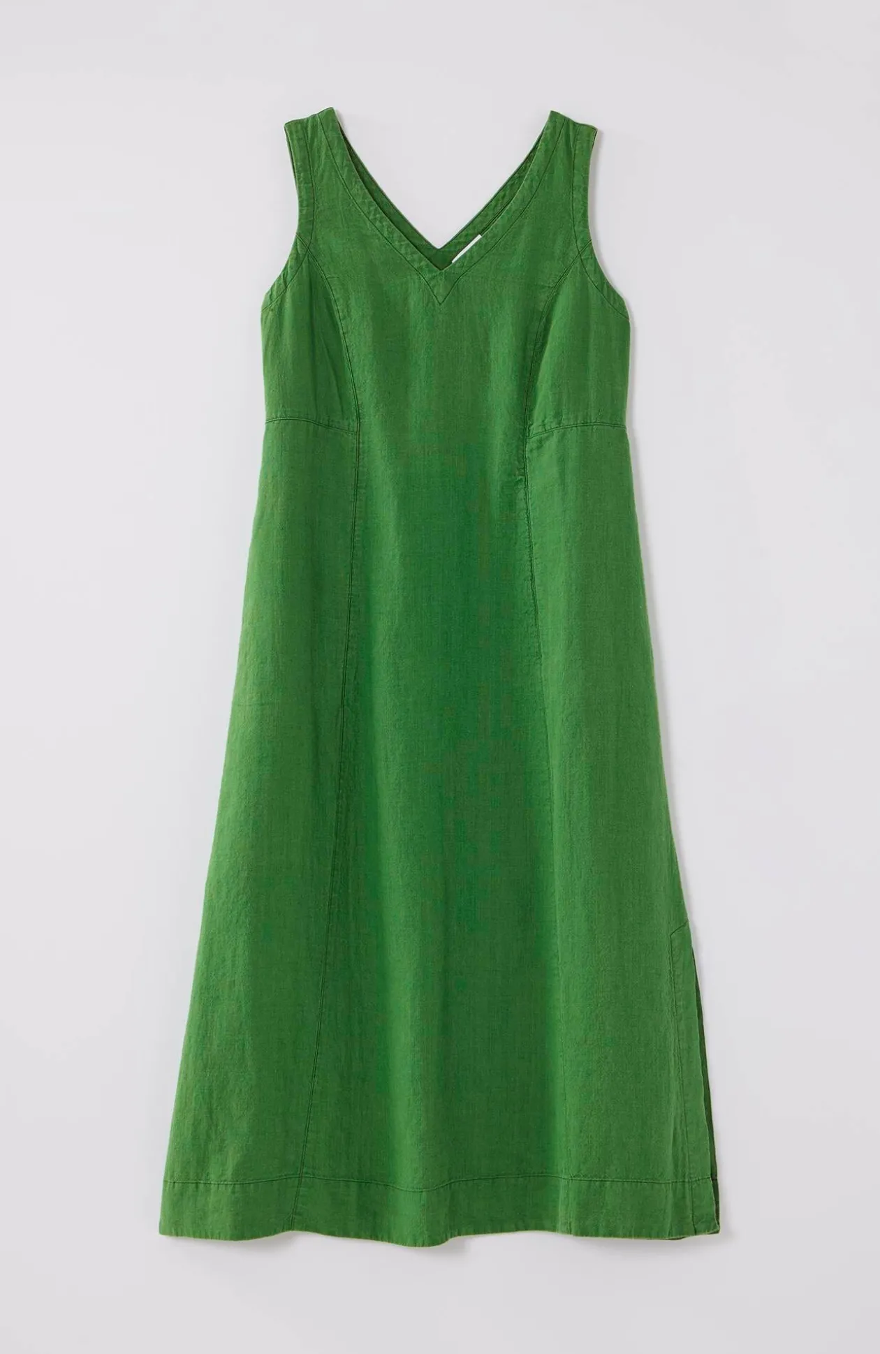 Linen Seamed V-Neck Midi Dress