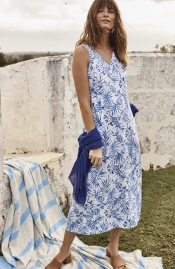 Linen Seamed V-Neck Midi Dress