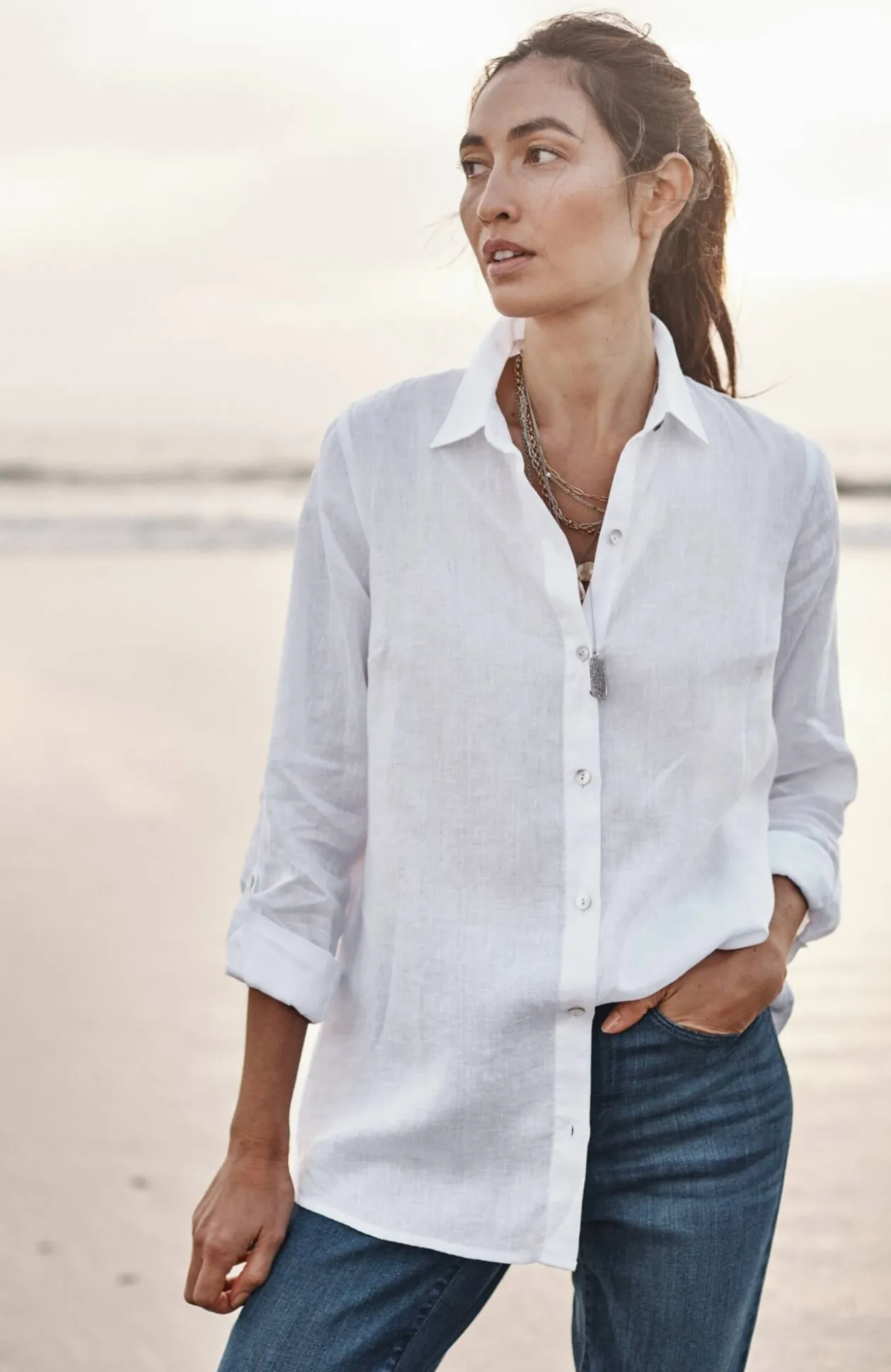 Linen Tab-Sleeve A-Line Shirt