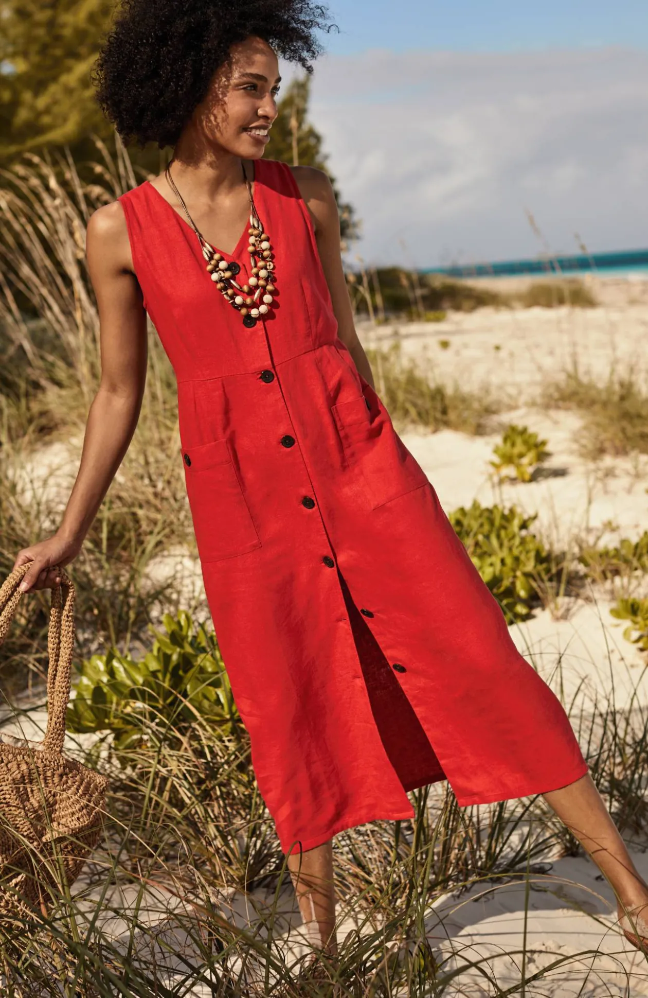Linen-Blend V-Neck Button-Front Dress