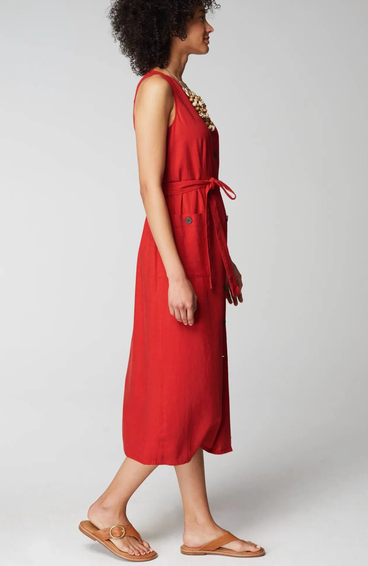 Linen-Blend V-Neck Button-Front Dress